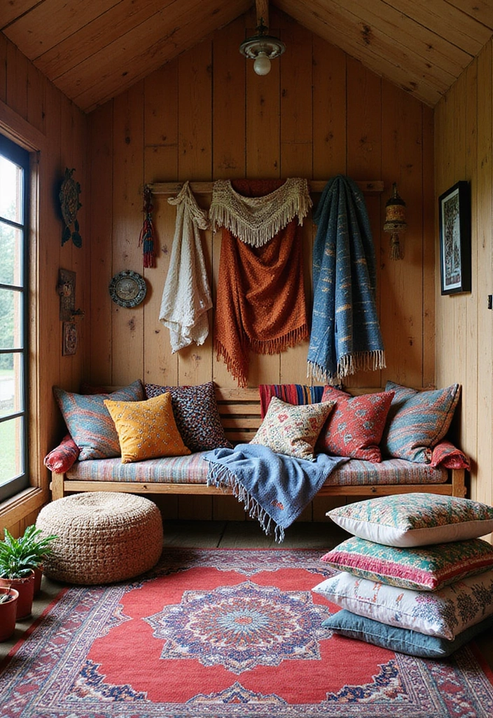 12 Bohemian She Shed Decor Ideas That'll Make You Swoon! - 1. Layered Textiles for Comfort