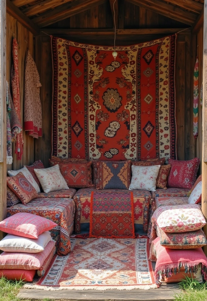 15 Boho She Shed Decor Ideas That Will Transform Your Outdoor Workspace Into a Dreamy Retreat! - 3. Layered Textiles