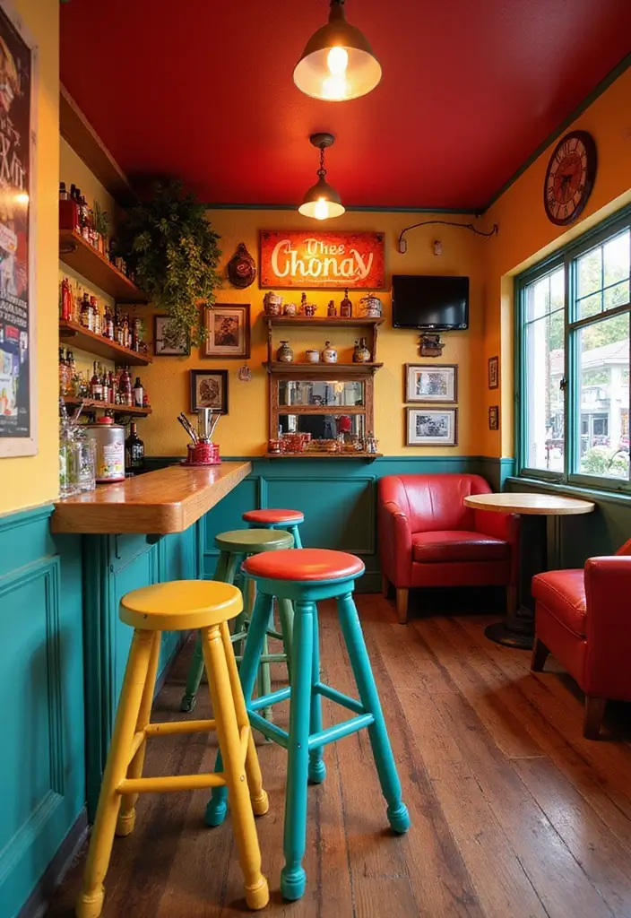 15 Stunning Small Home Saloon Designs That'll Make You Want to Mix a Cocktail ASAP! - 3. Bold Colors for a Fun Atmosphere