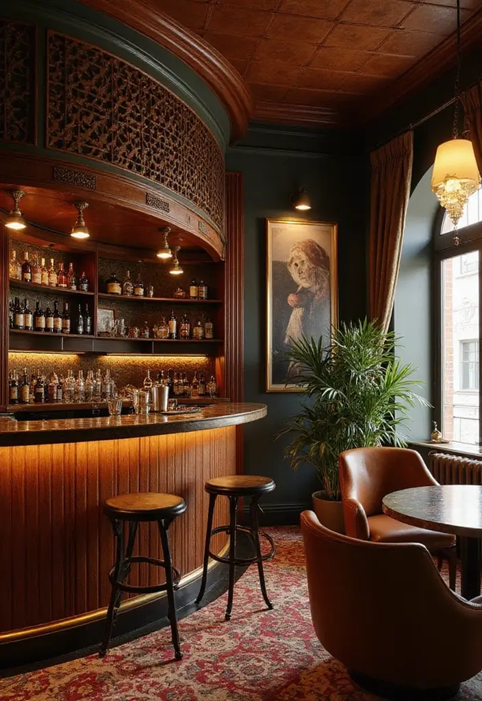 15 Stunning Small Home Saloon Designs That'll Make You Want to Mix a Cocktail ASAP! - 4. Vintage Glam with Art Deco Touches