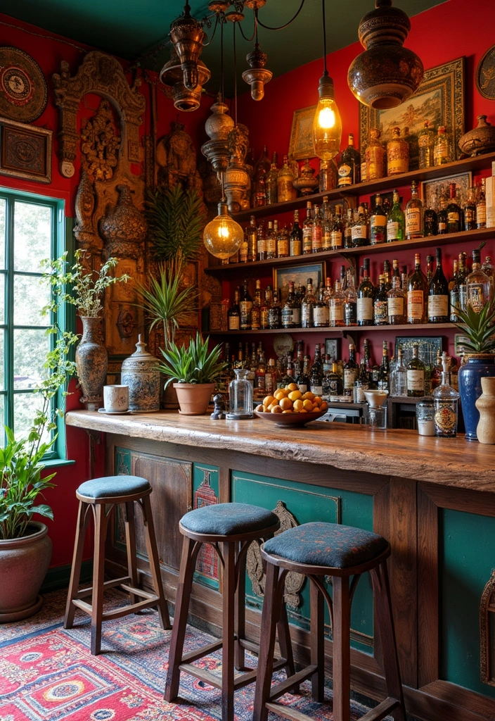 15 Stunning Small Home Saloon Designs That'll Make You Want to Mix a Cocktail ASAP! - 9. Fusion of Cultures with Global Decor