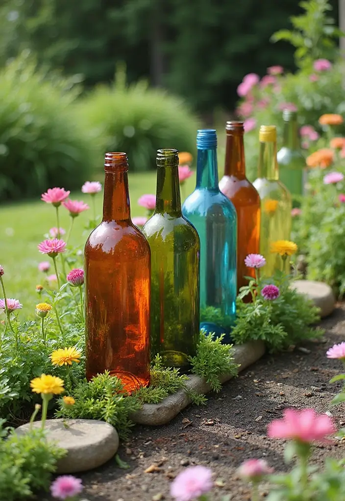 21 DIY Hippie Garden Projects That Will Transform Your Outdoor Space into a Boho Paradise! - 14. Garden Art with Wine Bottles