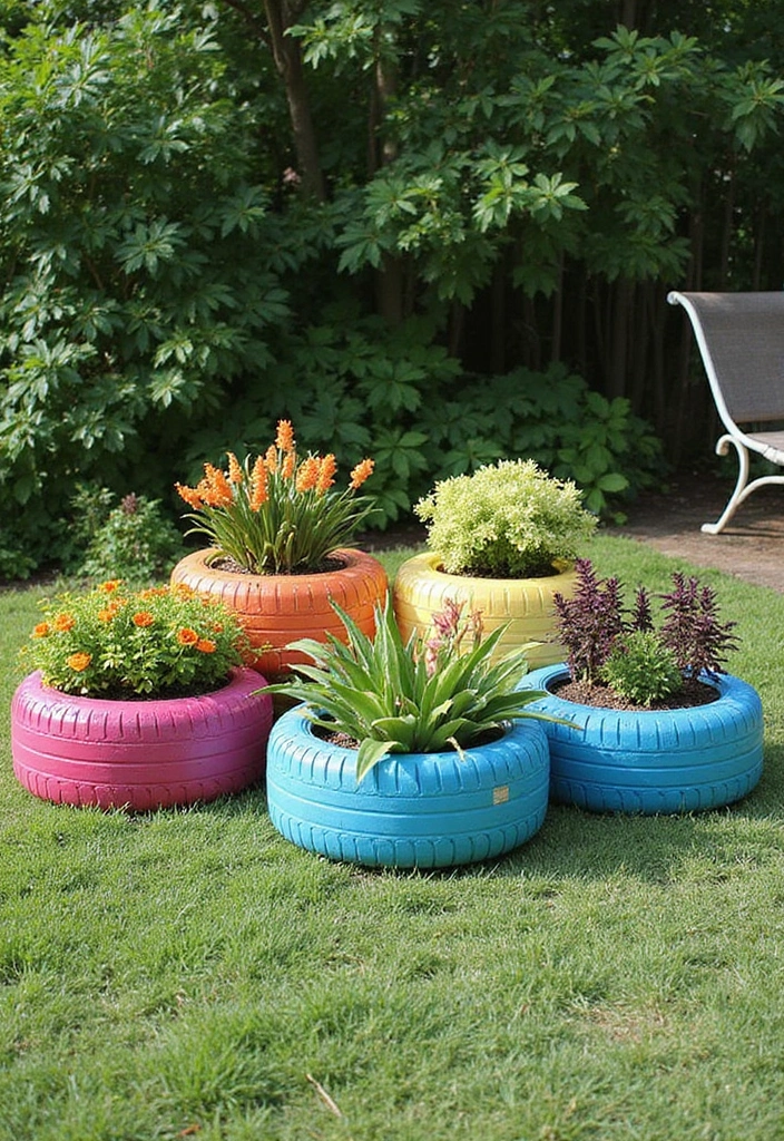 21 DIY Hippie Garden Projects That Will Transform Your Outdoor Space into a Boho Paradise! - 17. Upcycled Tire Planters