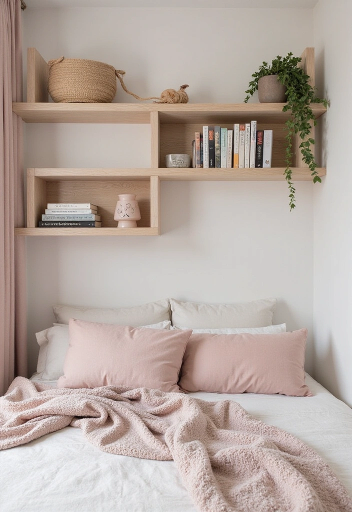 18 Small Pink Bedroom Ideas That Prove Less is More (#9 Is a Game-Changer!) - 9. Functional Floating Shelves