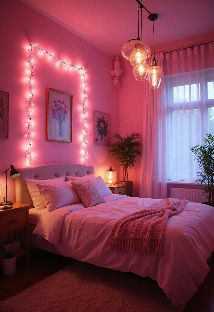 18 Small Pink Bedroom Ideas That Prove Less is More (#9 Is a Game-Changer!) - 11. Whimsical Pink Lighting