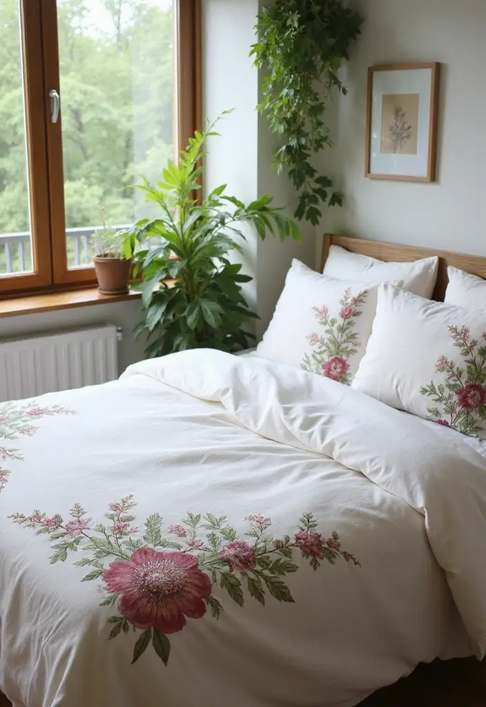 12 Eco-Friendly Handmade Embroidery Bed Covers You’ll Love (and Save the Planet!) - 11. Nature’s Palette: Botanical Prints