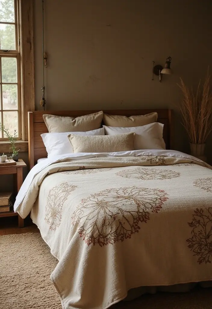 12 Eco-Friendly Handmade Embroidery Bed Covers You’ll Love (and Save the Planet!) - 4. Rustic Charm in Hemp