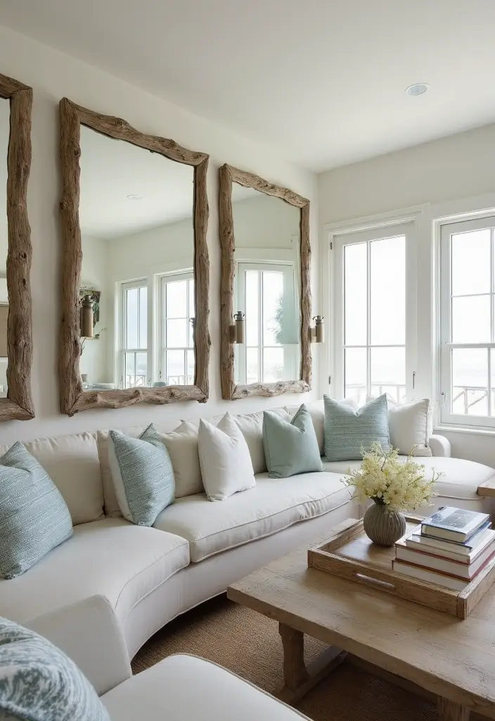 15 Stunning Beach House Living Room Decor Ideas That Will Make You Want to Move In! - 15. Reflective Surfaces