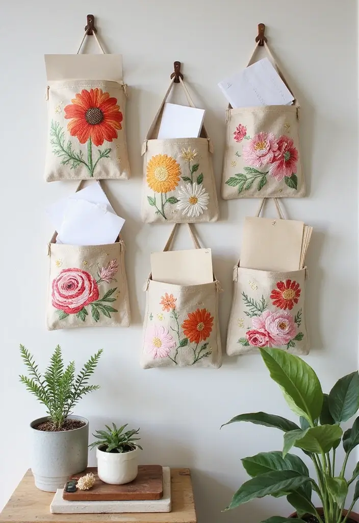 15 Stunning Floral Hand Embroidery Decor Ideas That'll Brighten Up Any Space! - 13. Embroidered Wall Pockets