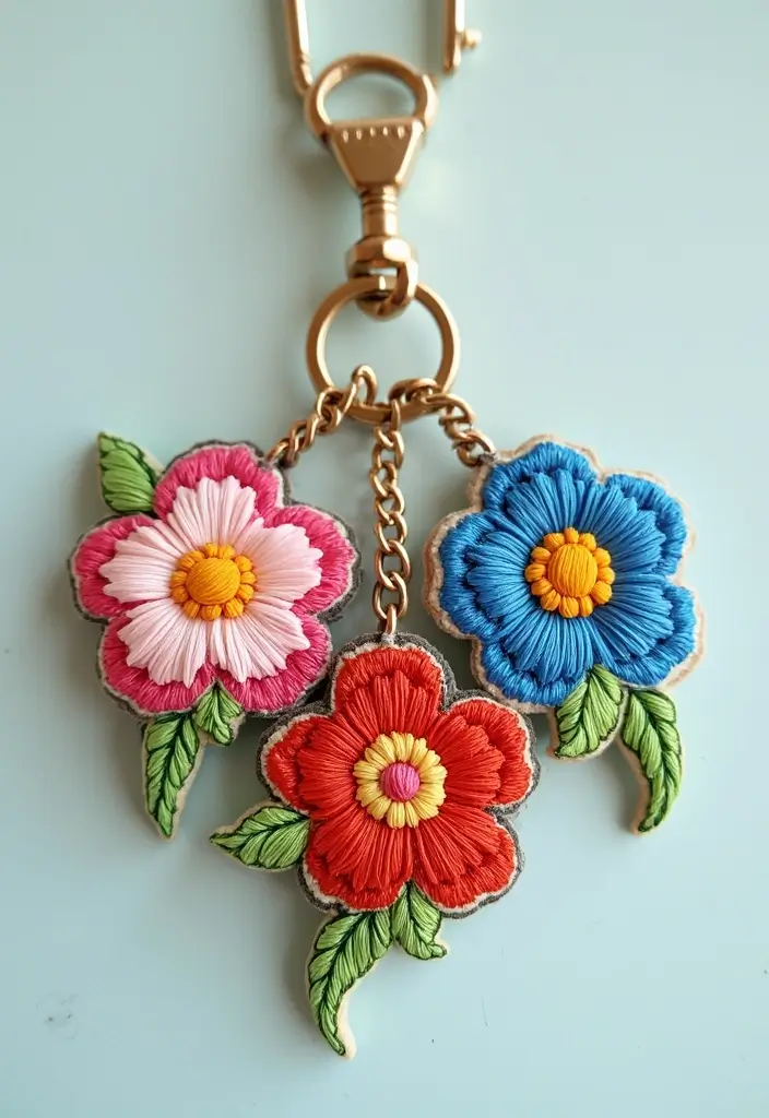 15 Stunning Floral Hand Embroidery Decor Ideas That'll Brighten Up Any Space! - 14. Floral Embroidery Keychains