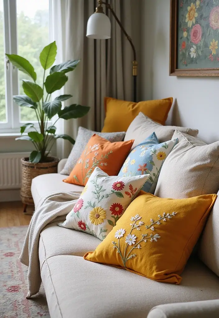15 Stunning Floral Hand Embroidery Decor Ideas That'll Brighten Up Any Space! - 2. Embroidered Throw Pillows