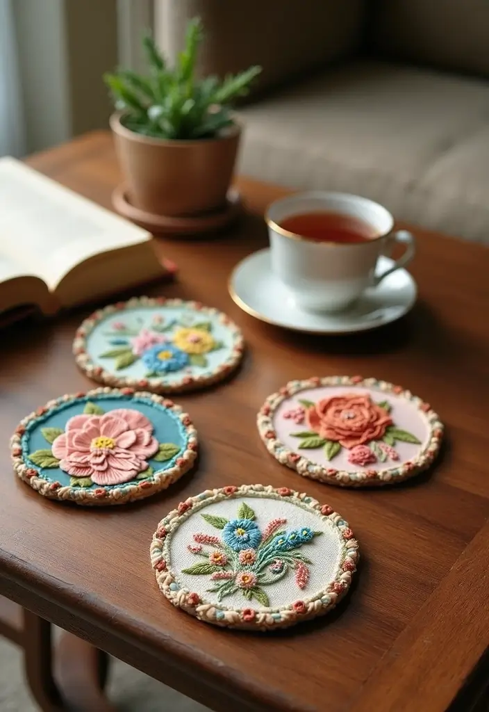 15 Stunning Floral Hand Embroidery Decor Ideas That'll Brighten Up Any Space! - 7. Hand Embroidered Coasters