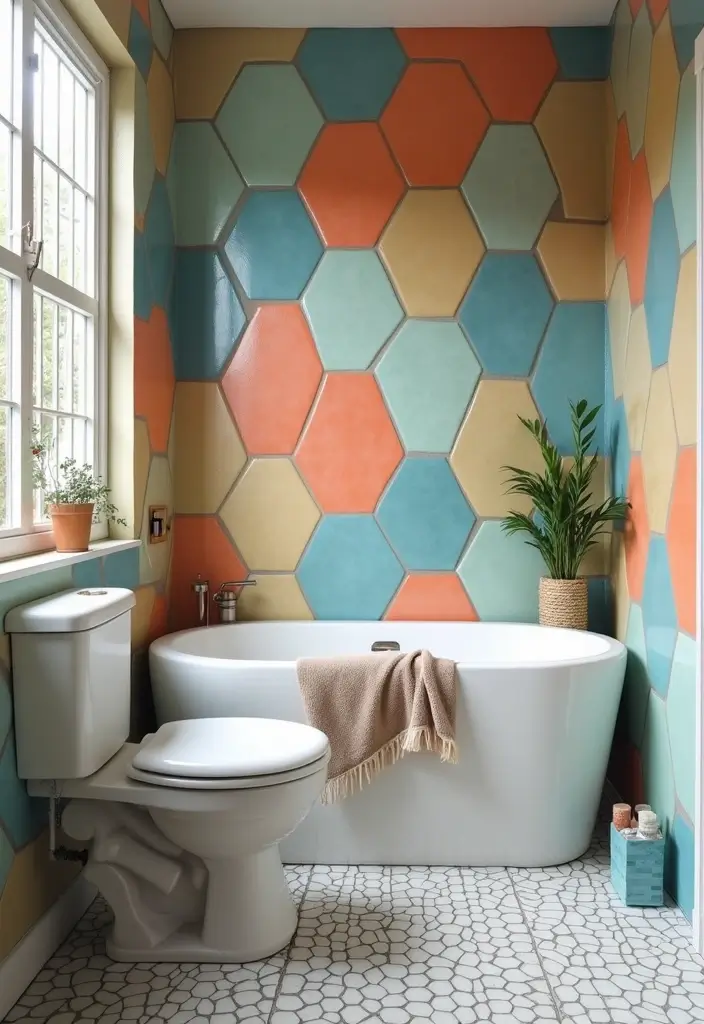 15 Vibrant Bathroom Tile Ideas That'll Make You Fall in Love with Your Space! - 9. Playful Hexagonal Tiles