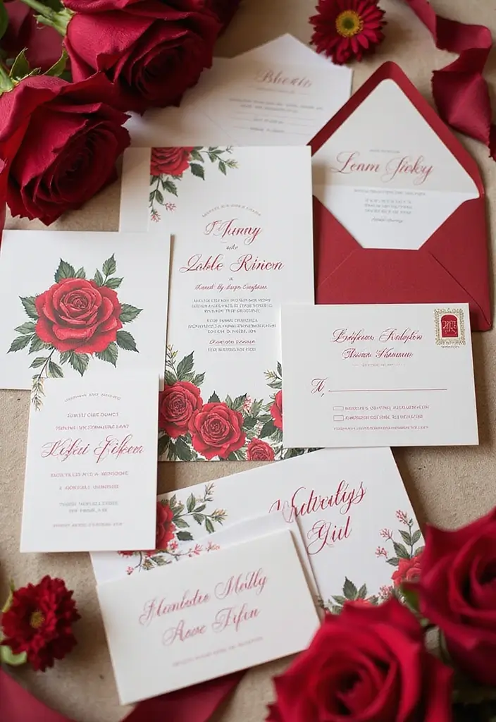 19 Enchanting Red Roses Wedding Venue Decor Ideas You Can't Miss! - 13. Stunning Rose-Inspired Invitations