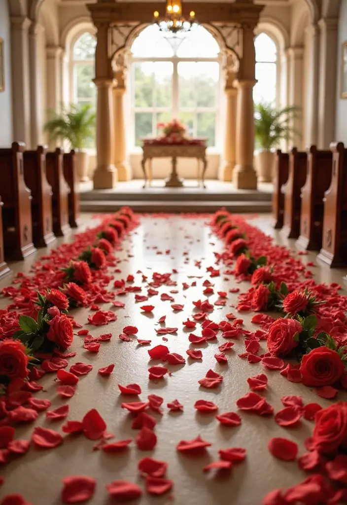 19 Enchanting Red Roses Wedding Venue Decor Ideas You Can't Miss! - 3. Romantic Rose Petal Aisles