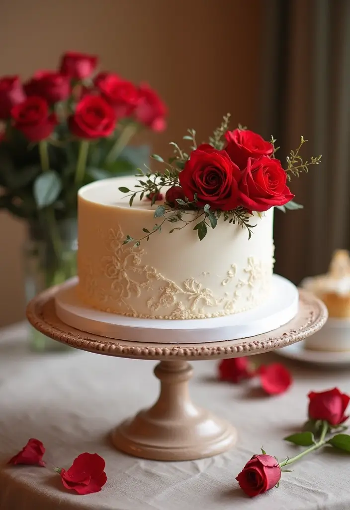 19 Enchanting Red Roses Wedding Venue Decor Ideas You Can't Miss! - 6. Charming Rose-Decorated Cake