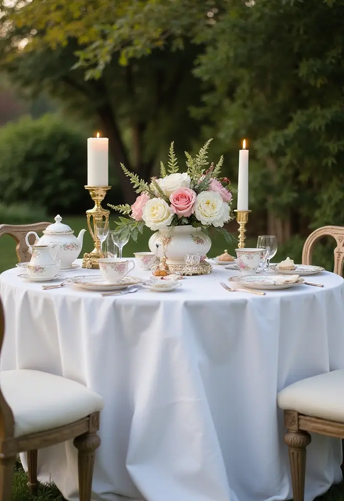 21 Themed Outdoor Tea Table Decor Ideas That'll Spark Your Imagination (Don't Miss #15!) - 6. Elegant Garden Soirée