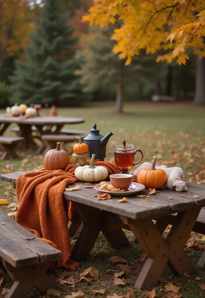 21 Themed Outdoor Tea Table Decor Ideas That'll Spark Your Imagination (Don't Miss #15!) - 7. Cozy Autumn Harvest Feast