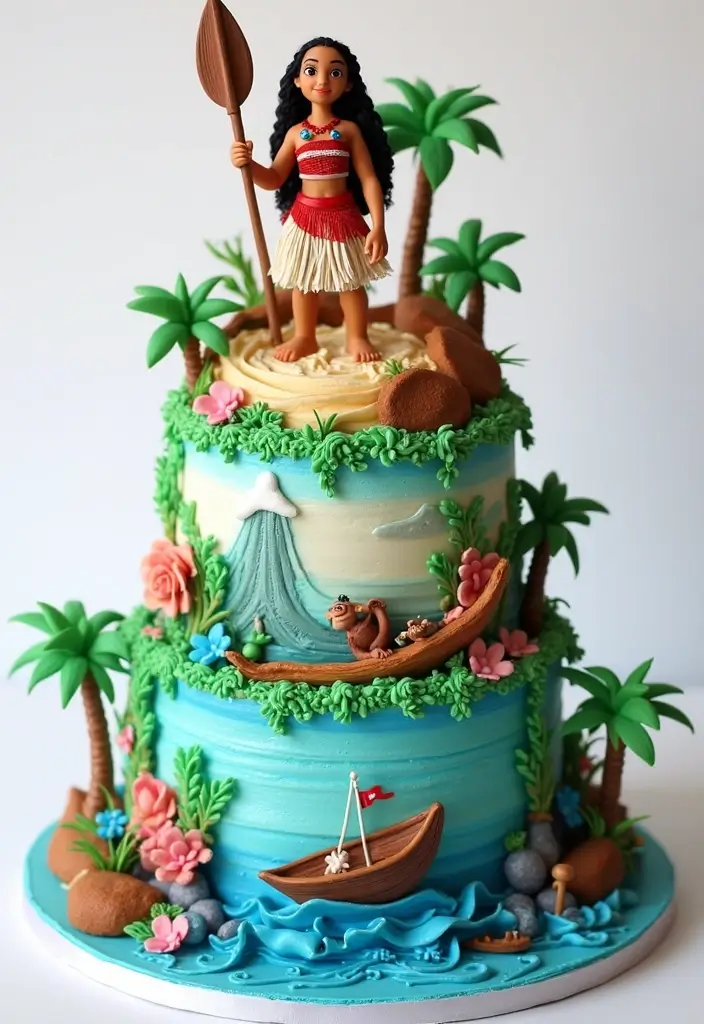 20 Stunning Moana Cake Designs to Make Your Birthday Celebration Unforgettable! - 20. Moana-Themed Layered Cake