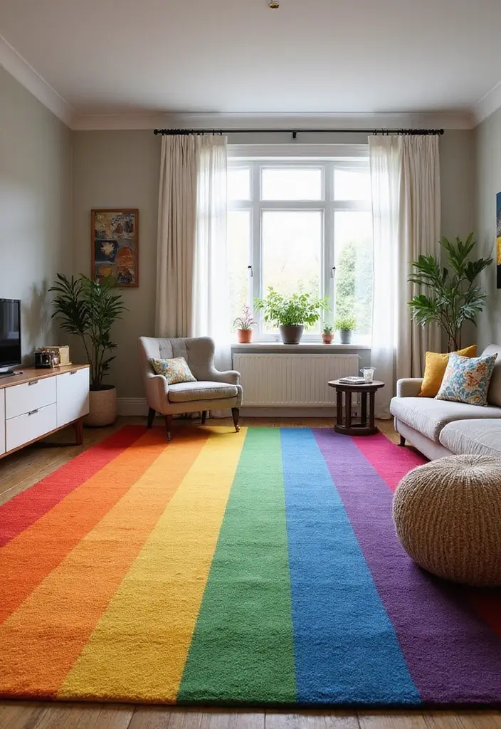 19 Colorful Carpet Designs for Living Rooms That Will Brighten Your Day (Wait Until You See #10!) - 1. Radiant Rainbow Patterns