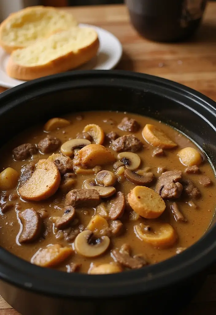 6 Slow Cooker Beef Stews That Are Simplicity at Its Best (Pair with Garlic Bread for Perfection!) - 6. Creamy Mushroom Beef Stew