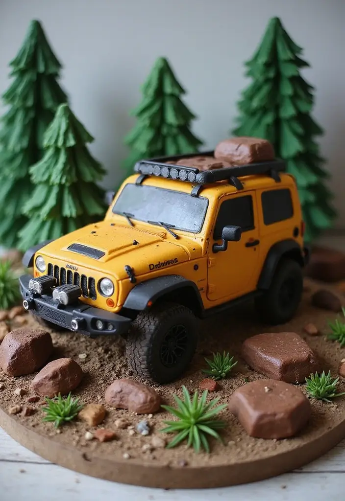 20 Amazing Car Design Birthday Cakes That Will Steal the Show (You Won't Believe #12!) - 7. Off-Road Adventure Cake with Nature Elements