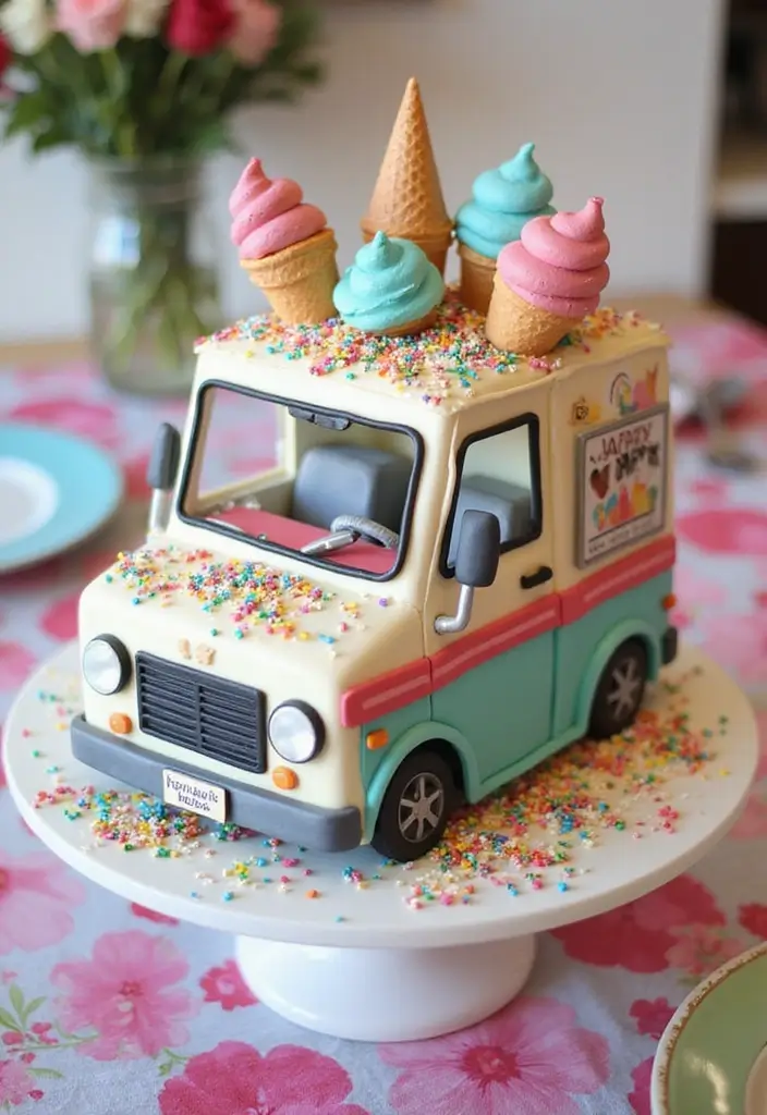 20 Amazing Car Design Birthday Cakes That Will Steal the Show (You Won't Believe #12!) - 14. Ice Cream Truck Cake for Sweet Treats