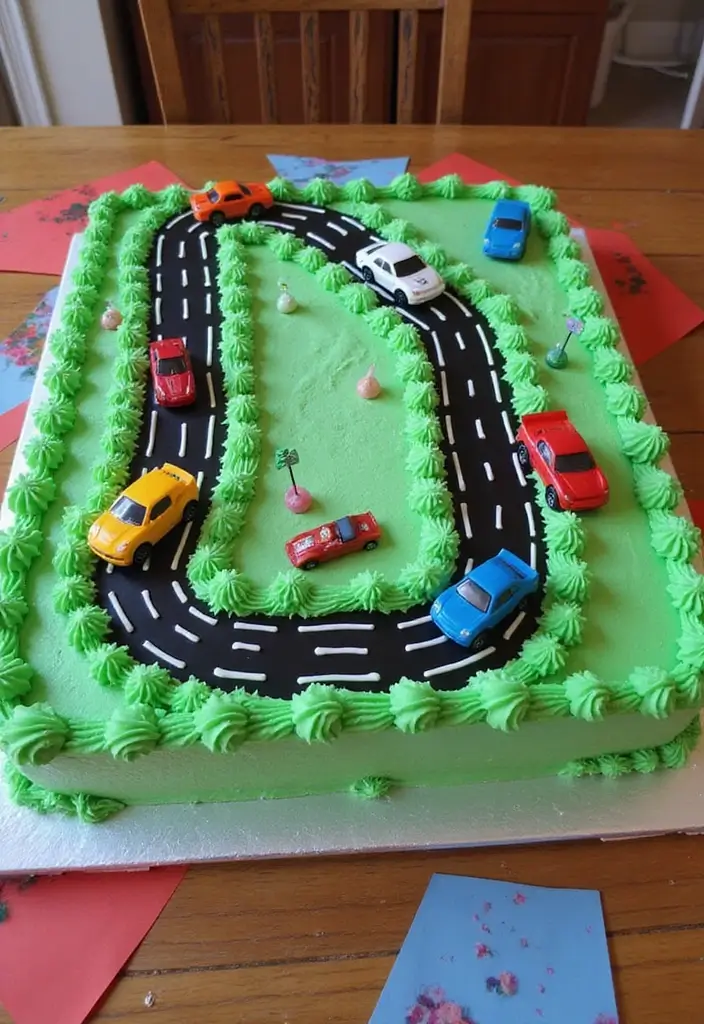 20 Amazing Car Design Birthday Cakes That Will Steal the Show (You Won't Believe #12!) - 9. Race Track Sheet Cake with Cars