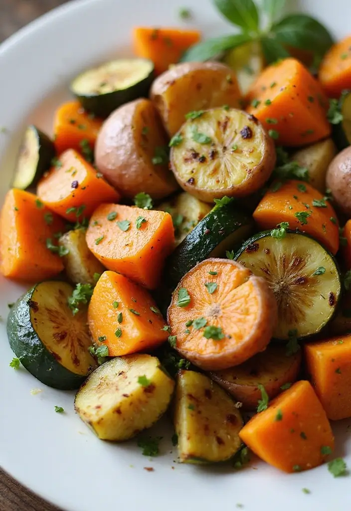 20 Comforting Garlic Herb Roasted Potatoes & Zucchini Recipes You Can't Resist! - 15. Garlic Herb Roasted Veggies with Sweet Potatoes