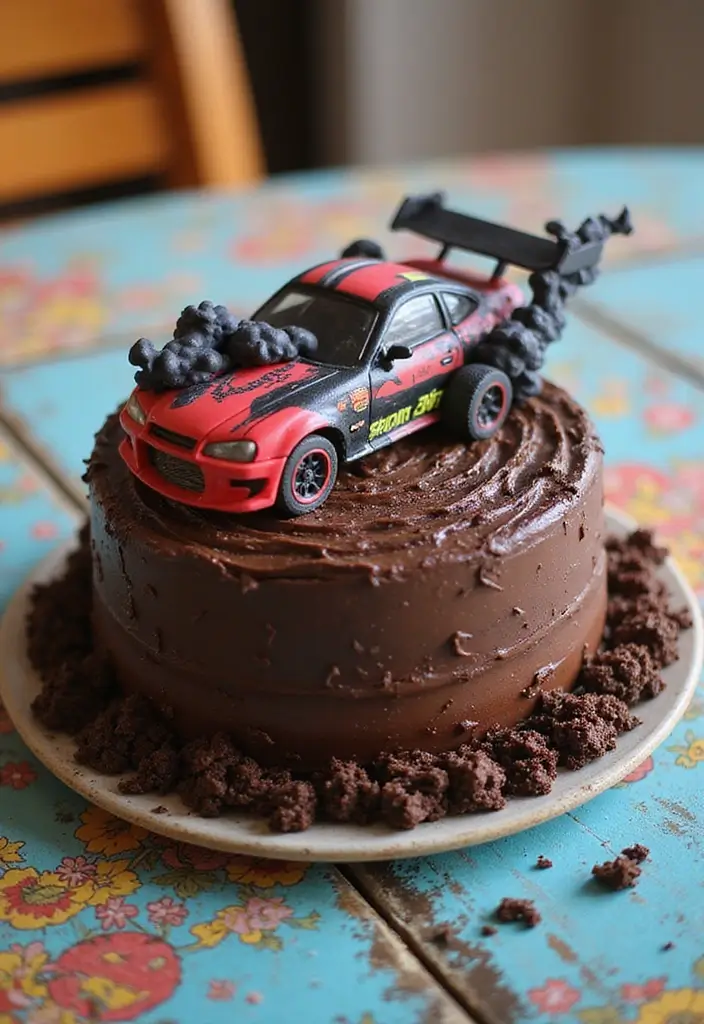20 Amazing Car Design Birthday Cakes That Will Steal the Show (You Won't Believe #12!) - 5. Drifting Car Cake with Action Scene