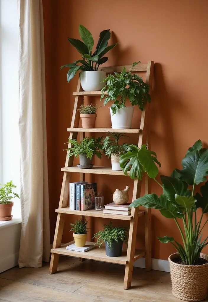 14 Boho Chic Indoor Plant Decor Ideas That’ll Make You Feel Like You’re in Paradise (#3 Is a Must-See!) - 5. Plant Ladder Shelf
