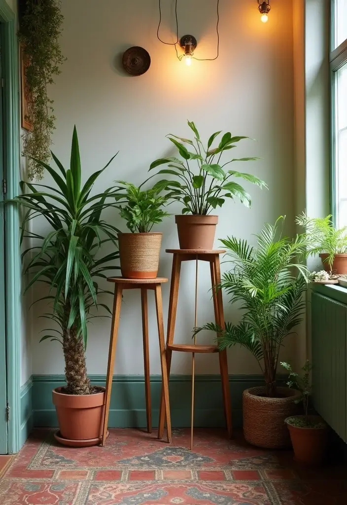 14 Boho Chic Indoor Plant Decor Ideas That’ll Make You Feel Like You’re in Paradise (#3 Is a Must-See!) - 7. Vintage Plant Stands