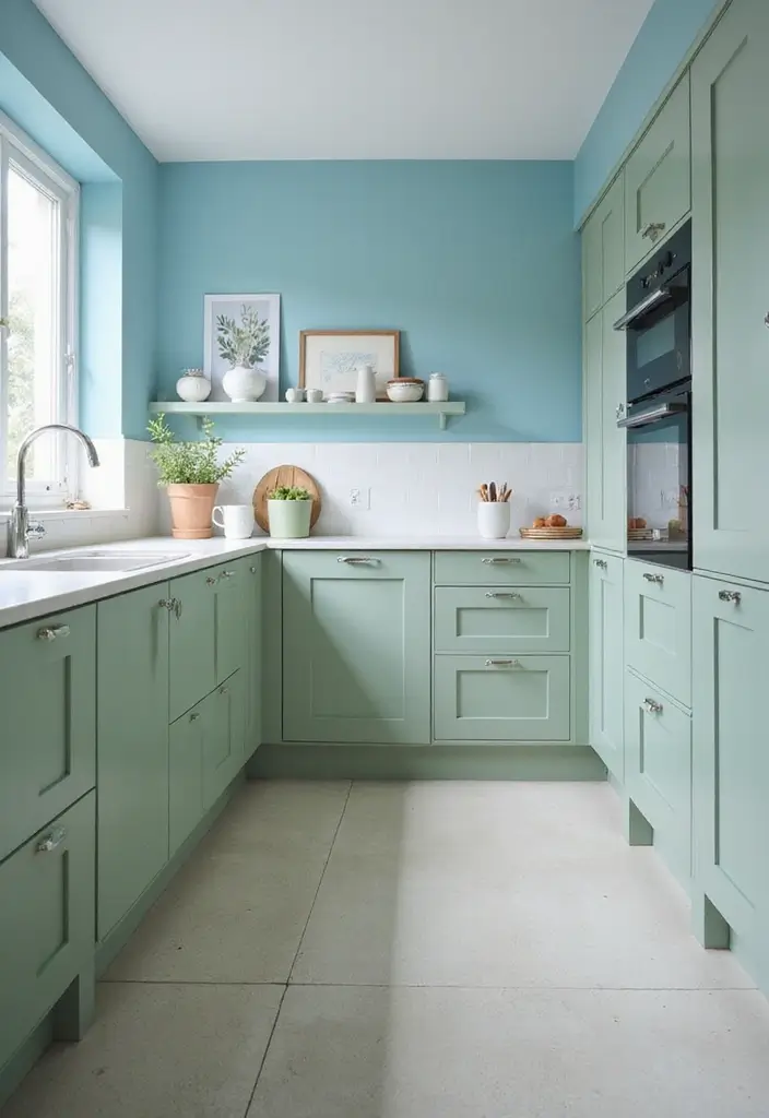 15 Beautiful Kitchen Wall Colors to Embrace Sage Green and Create Calm Vibes! - 10. Airy Blue and Sage Green