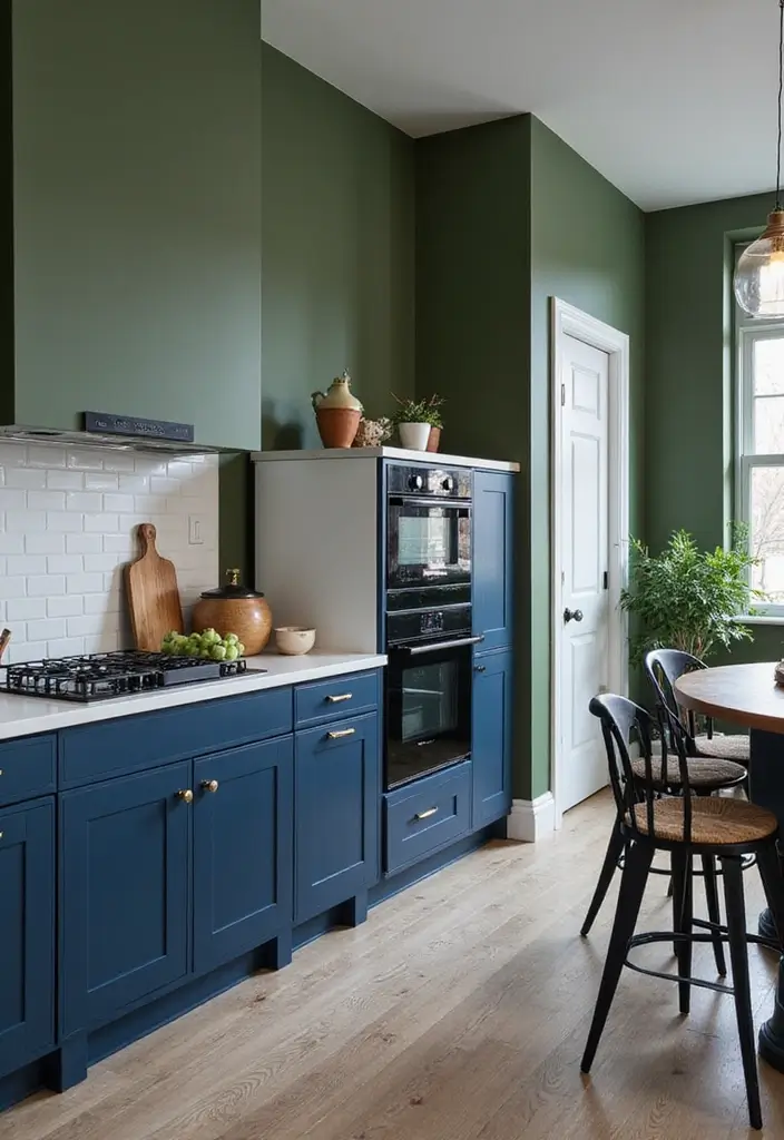 15 Beautiful Kitchen Wall Colors to Embrace Sage Green and Create Calm Vibes! - 6. Bold Navy and Sage Green Contrast