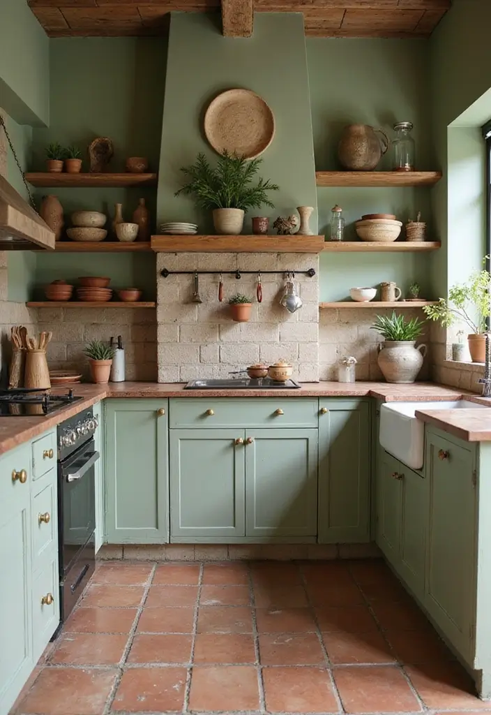15 Beautiful Kitchen Wall Colors to Embrace Sage Green and Create Calm Vibes! - 8. Rustic Terracotta and Sage Green
