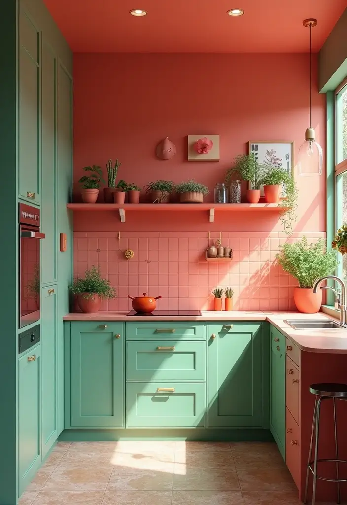 15 Beautiful Kitchen Wall Colors to Embrace Sage Green and Create Calm Vibes! - 9. Vibrant Coral and Sage Green