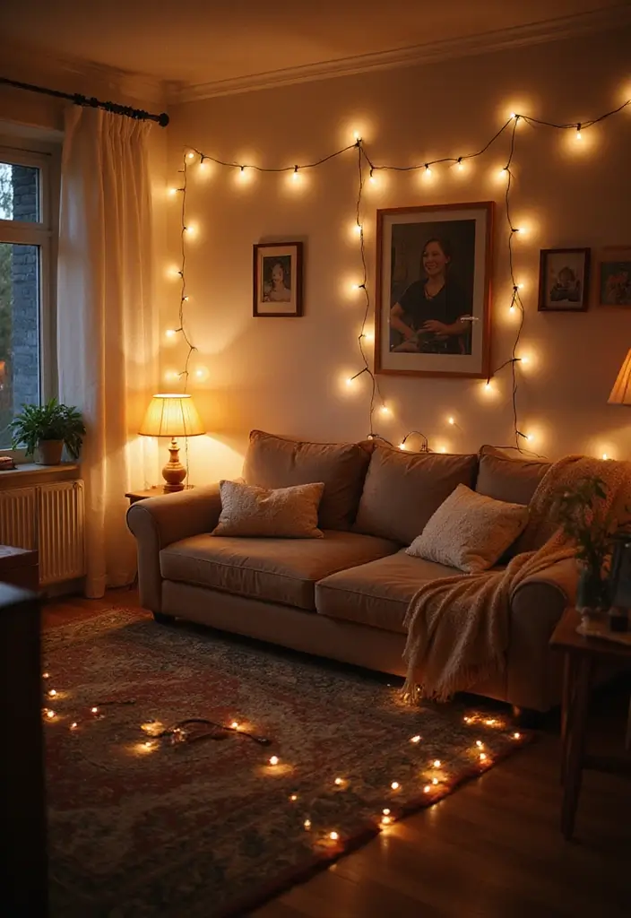 15 Cozy Winter Decor Ideas for Your Living Room That'll Make You Want to Snuggle Up! - 2. Warm Up with Fairy Lights