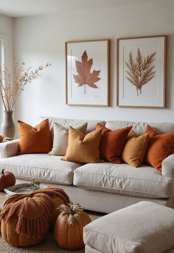 15 Ultra Modern Fall Living Room Ideas That Will Leave You in Awe (You Won't Believe #7!) - 15. Seasonal Throw Pillows