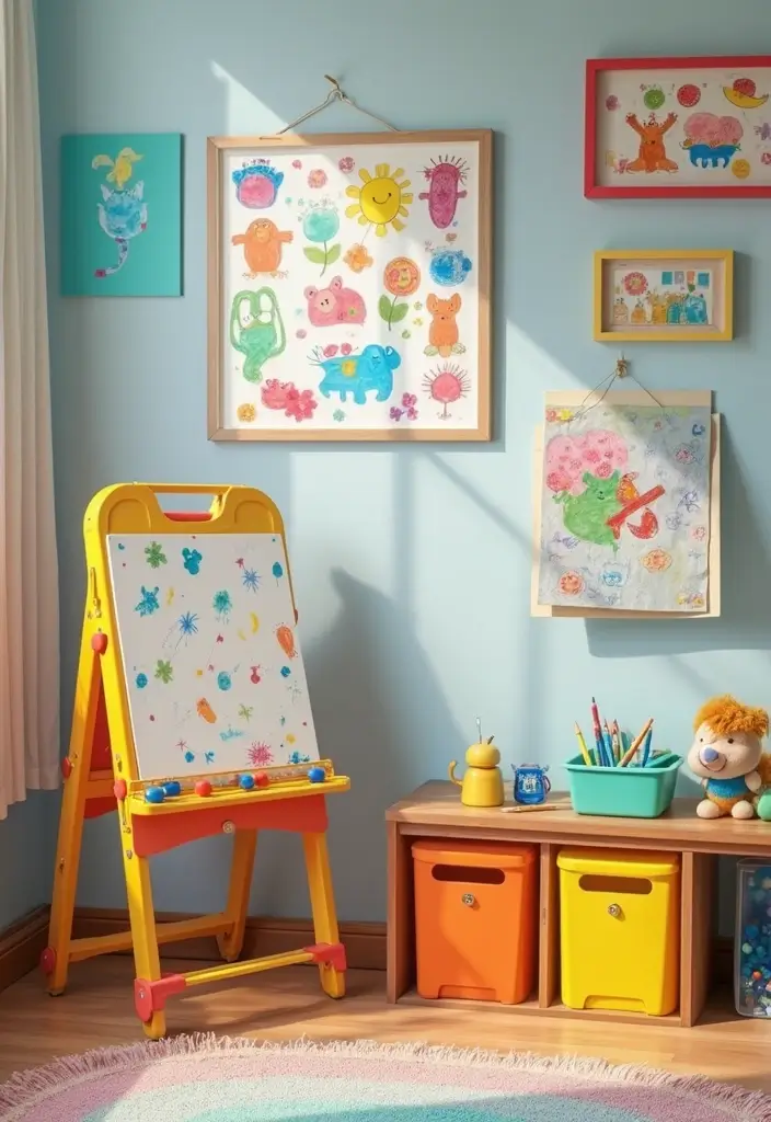 15 Vibrant Dopamine Decor Ideas That Will Light Up Your Kids' Room (And Their Mood!) - 5. Art Corner for Little Picassos