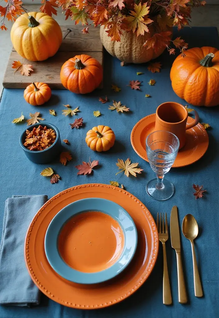 16 Blue Fall Family Table Decor Ideas That Will Make Your Dinners Unforgettable! - 11. Blue and Orange Color Palette