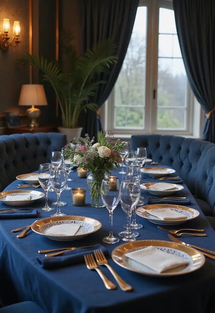 16 Blue Fall Family Table Decor Ideas That Will Make Your Dinners Unforgettable! - 12. Blue and Gold Accents