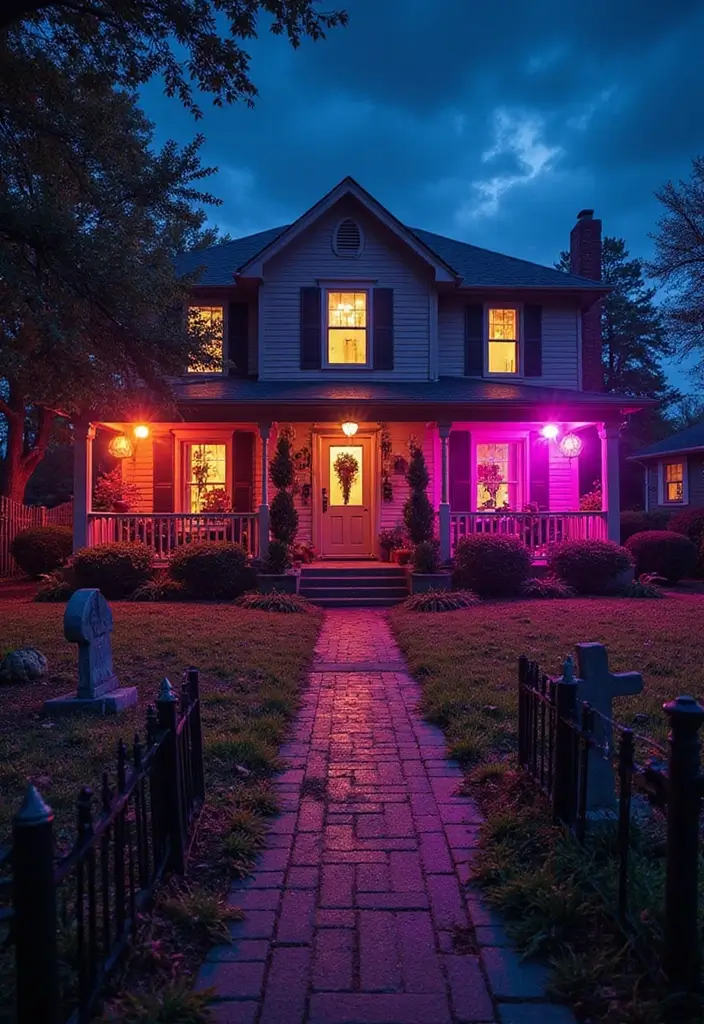 16 Halloween Atmosphere Outdoor Lighting Ideas to Create the Ultimate Spooky Vibe! - 4. Colored Spotlights