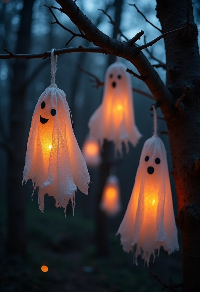 16 Halloween Atmosphere Outdoor Lighting Ideas to Create the Ultimate Spooky Vibe! - 9. Hanging Ghost Lanterns