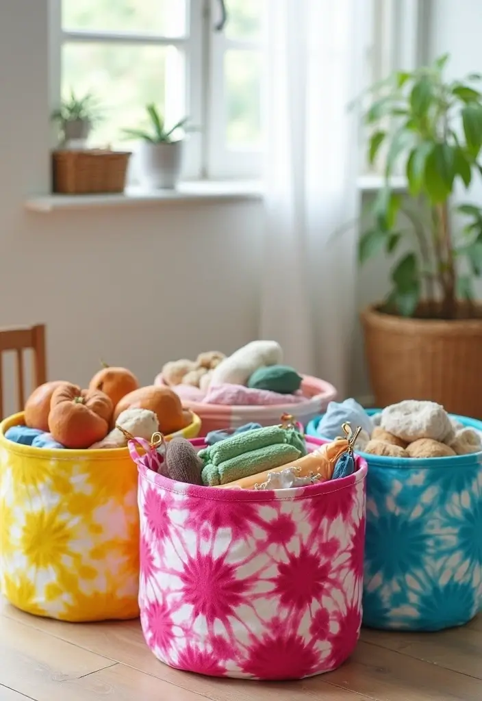 20 Creative Tie-Dye Seasonal Decor Ideas to Celebrate Every Occasion (Number #10 Is a Must-See!) - 13. Tie-Dye Seasonal Storage Baskets