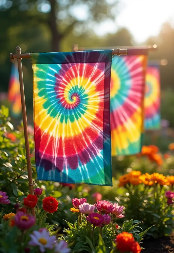 20 Creative Tie-Dye Seasonal Decor Ideas to Celebrate Every Occasion (Number #10 Is a Must-See!) - 20. Whimsical Tie-Dye Garden Flags