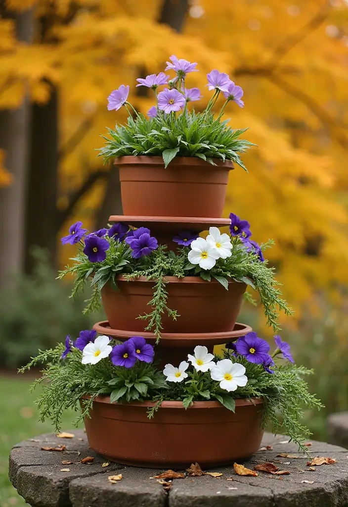 20 Gorgeous Fall Pots That Will Transform Your Outdoor Landscape This Season! - 16. Layered Flower Pots