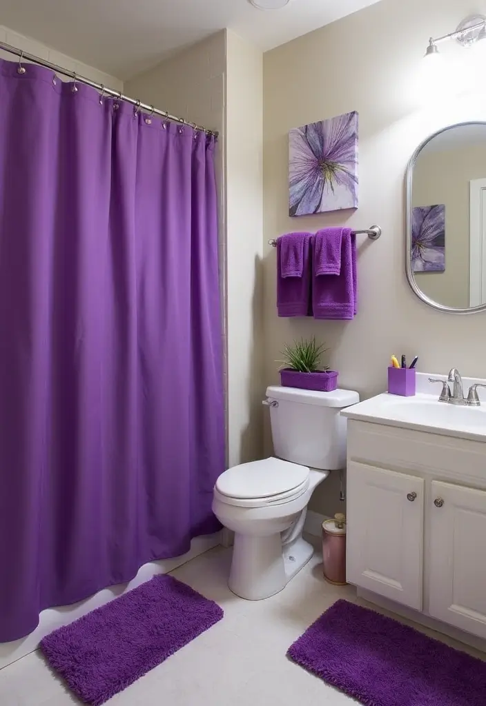 21 Purple Bathroom Inspirations That Will Make Your Space Pop (Don't Miss #9!) - 13. Bright Purple Accessories