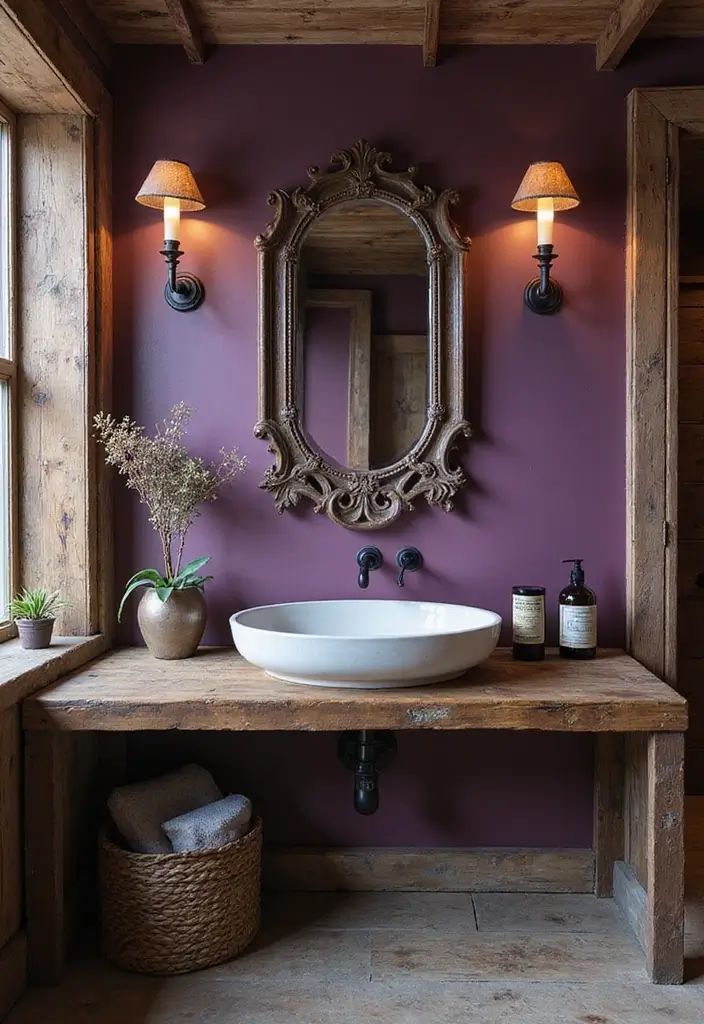21 Purple Bathroom Inspirations That Will Make Your Space Pop (Don't Miss #9!) - 16. Rustic Purple Charm