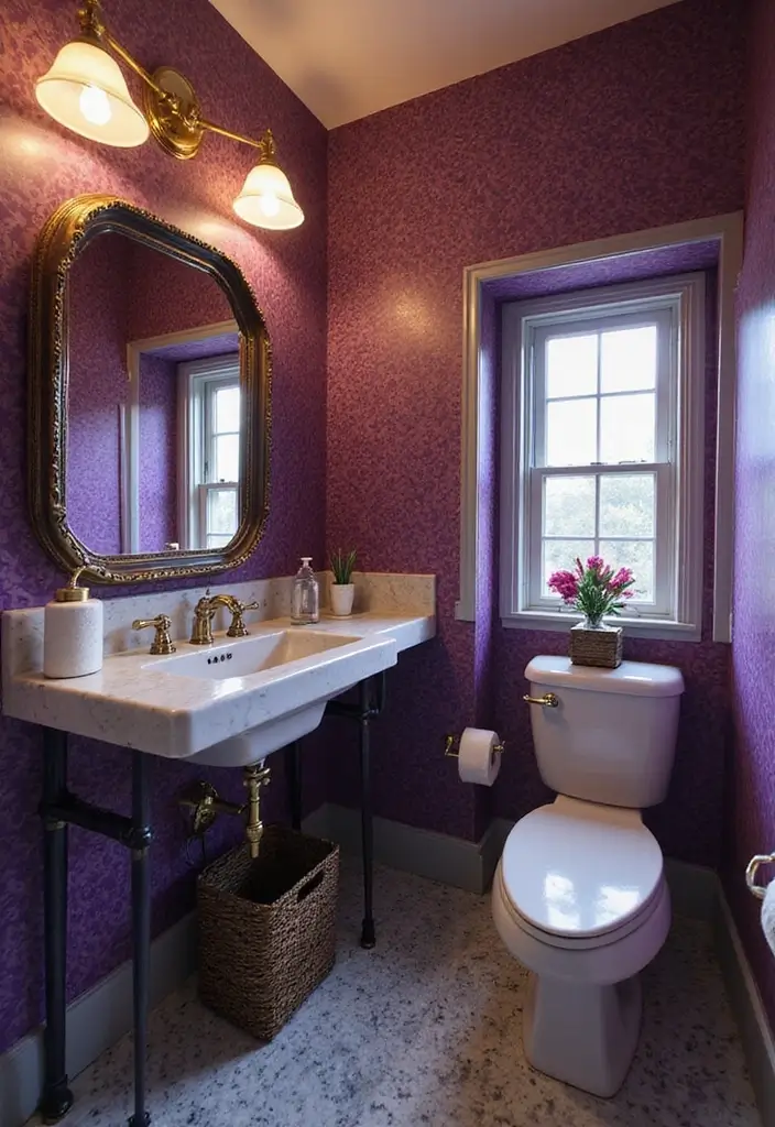 21 Purple Bathroom Inspirations That Will Make Your Space Pop (Don't Miss #9!) - 17. Chic Purple Powder Room