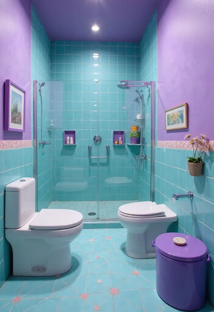 21 Purple Bathroom Inspirations That Will Make Your Space Pop (Don't Miss #9!) - 19. Purple and Aqua Delight